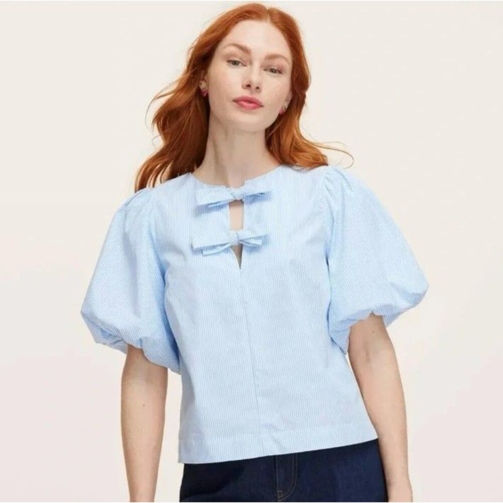 Kate Spade New York x Target Blouse Puff Sleeve Tie Neck Womens XS Blue Stripe